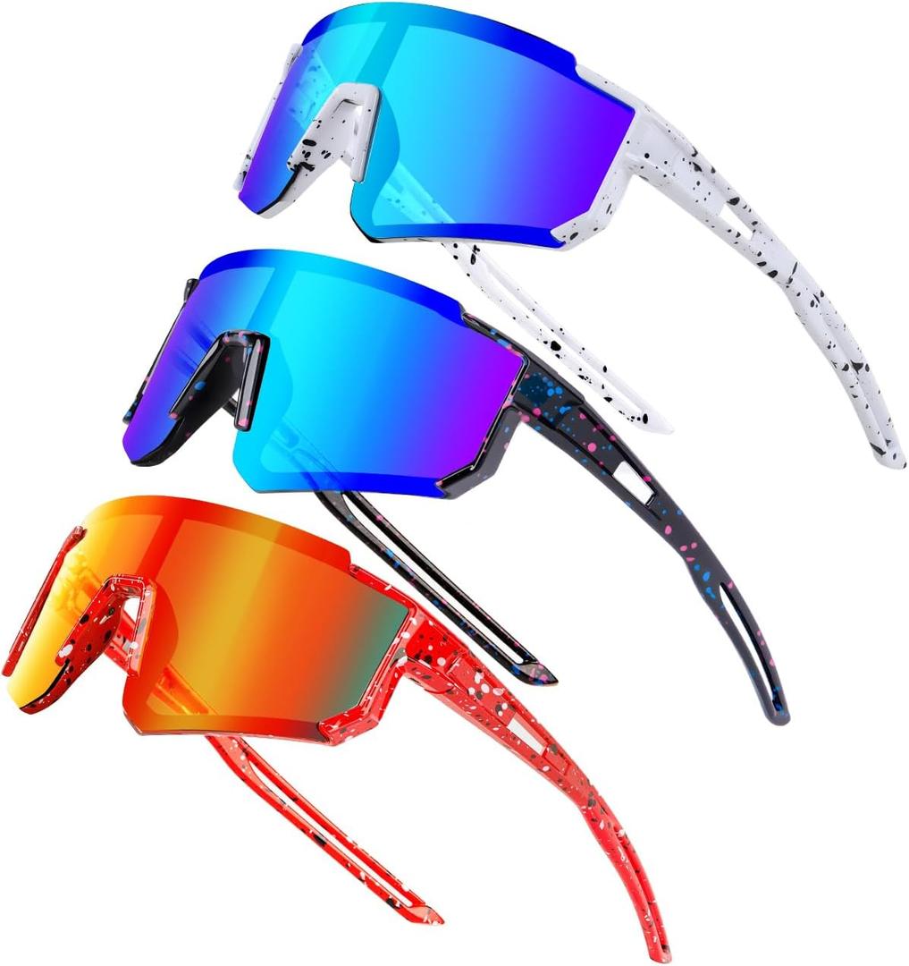 Polarized Kids Sunglasses, Youth Baseball Sunglasses for Boys Girls, Cycling Sun Glasses UV400 for Kids Ages 8-14 (3 Pack-Red/Orange+black/Blue+White/Blue)