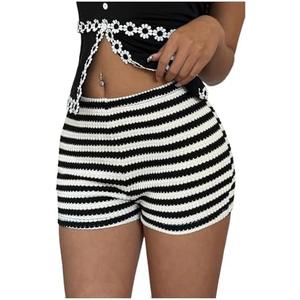 MakeMeChic Women's Striped Shorts Crochet Knit Pajama Micro Mini Boxer Lounge Shorts Summer Bottoms XL Black and White