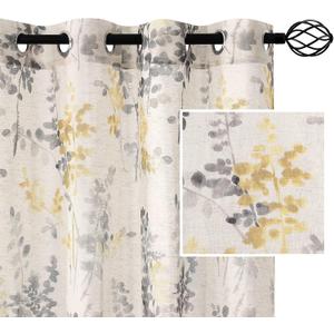H.VERSAILTEX Sheer Linen Curtains 63 Inch Long Semi Sheer Curtains Draperies for Living Room/Bedroom Vintage Classical Floral Printing Window Treatment Grommet 2 Panels, Yellow and Taupe