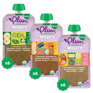 Plum Organics Variety Pack, 12+ Months Toddlers Taste Adventure & Sunrise Pack Mighty 4 & Mighty Morning Organic Fruit & Veggie Pouches 4 oz Pouch, Pack of 18, Best By: 04-16-2026