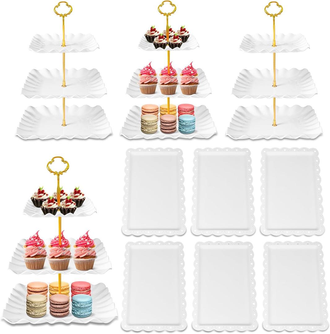10 Pack Dessert Table Display Set - 4 x Three-Tier Square Cupcake Stands and 6 x Serving Trays, Elegant Tableware for Cakes, Cupcakes, Pastries, and Snacks, Perfect for Parties (White)
