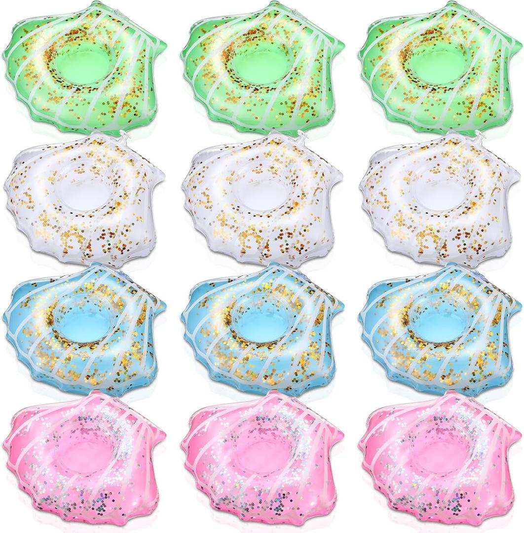 Honeydak 12 Pieces Inflatable Drink Holder Shell Drink Floats Sequin Reusable Inflatable Sea Animal Cup Coasters Pool Cup Holders for Summer Swimming Party Favors Decoration (White,Pink,Blue,Green), 8.6*6.7*2.16 inch/22*17*5.5cm