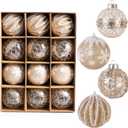 12 PCS Christmas Ornaments Set, 3.15-Inch Glitter Christmas Hanging Balls, Decorative Hanging Ornament Decorations, Xmas Shatterproof Plastic Balls for Holiday Party Wreath Garlands Trees, Beige (Champagne)