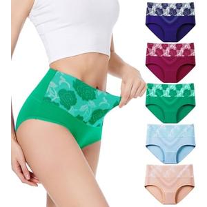 HAVVIS Women's Briefs Underwear Cotton High Waist Tummy Control Panties Rose Jacquard Ladies Panty Multipack, Size 3XL