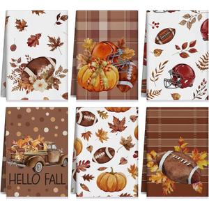 Macarrie 6 Pcs Thanksgiving Football Kitchen Towels 16 x 24 Inch Thanksgiving Football Rugby Maple Leaf Pumpkin Hand Dish Fall Kitchen Absorbent Towels for Harvest Cooking Baking Cleaning Decorations
