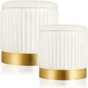 Barydat 2 Pcs Round Ottoman with Storage White Velvet Storage Ottoman Stool with Removable Lid Gold Base for Dorm Living Room Bedroom