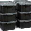 Rubbermaid 6-Pack Totes for Storage with Lids, Heavy Duty Plastic Storage Bins with Lids, Black Gray, 10 GAL - Stackable for Garage, Attic, Camping (10 GAL - 6 Pack Solid Black and Grey)