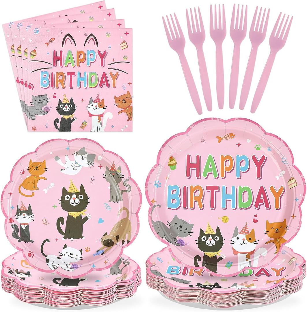 96Pcs Cat Birthday Party Supplies Cats Themed Plates and Napkins Pink Kitten Happy Birthday Tableware Set for Girls Pink Cat Baby Shower Party Supplies Serves 24