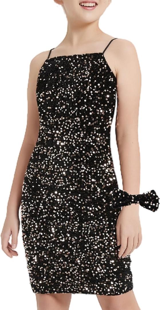 EXARUS Girls Sequin Spaghetti Strap Bodycon Dress Teen Sparkle Pencil Party Mini Special Occasion Birthday Velvet Dress (Black, 8Y)