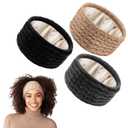 3 Pack Satin Lined Winter Headbands for Women, Silk Lined Beanie Caps Ear Warmers for Natural Curly Ponytail Hair(Black, Gray, Khaki,Cable Knit)