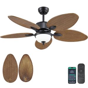 Wiviniya 50 Inch Tropical Ceiling Fans with Lights, Palm Leaf Waterproof Outdoor Ceiling Fan for Patios Porch, Remote/APP Control, Wet Rated, Glass Lampshade, Quiet DC Motor, Dimmable LED, Wood Grain