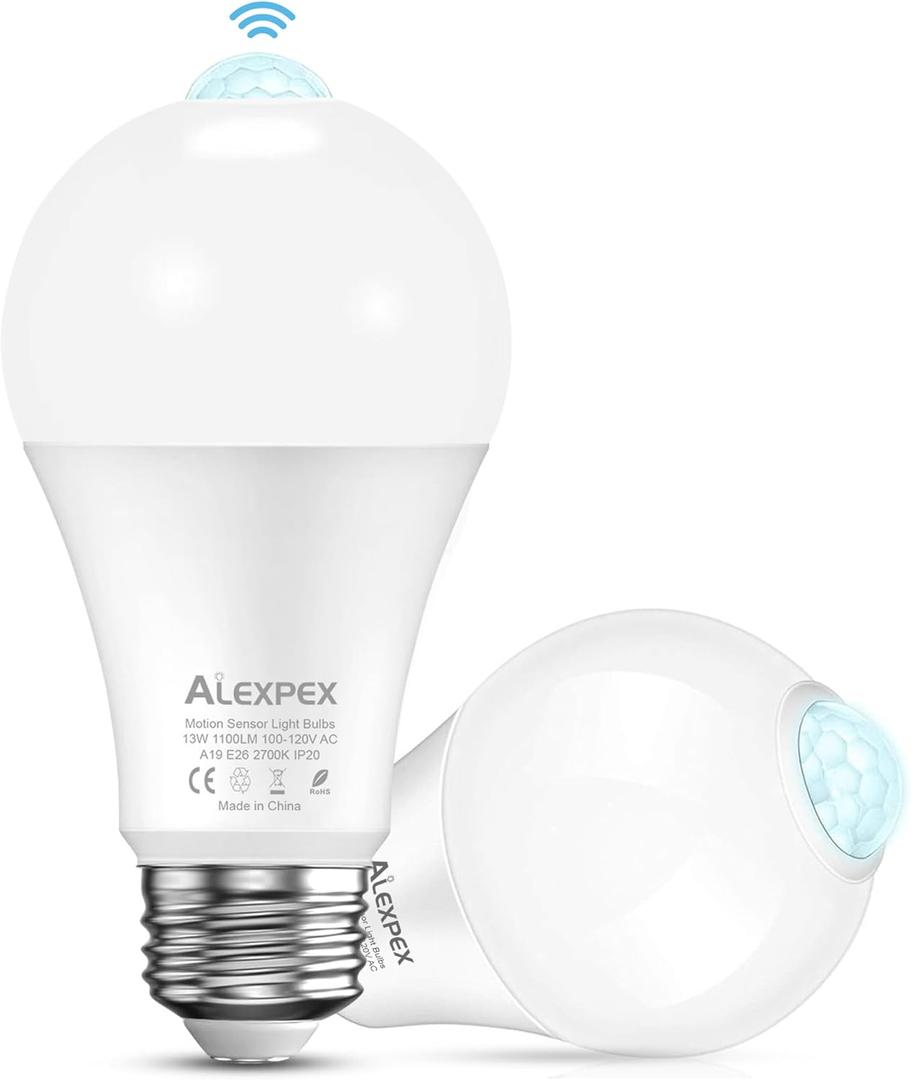 Motion Sensor Light Bulbs, 13W(100W Equivalent) 1100lm Auto Dusk to Dawn LED Bulb, A19 E26 Motion Activated Lightbulb 2700K Soft White Indoor Lighting for Closets Entryways Hallways 2 Pack