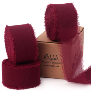 Ribbli Burgundy Ribbon 1 Inch x 3 Rolls Total 24 Yards Handmade Fringe Chiffon Silk Ribbon for Wrapping Wedding Invitations Bridal Bouquets DIY Crafts Home Decor