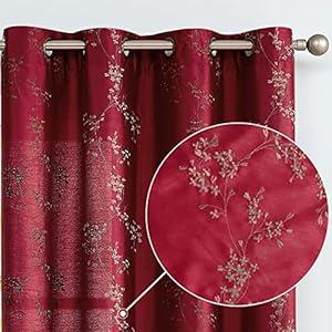 jinchan Floral Curtains Embroidered Curtains for Living Room 84 Inch Long Faux Silk Curtains Burgundy Red Grommet Top Flower Patterned Drapes Light Filtering Curtains Window Curtain Set 2 Panels