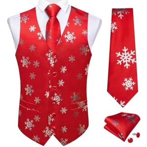 DiBanGu Mens Christmas Suit Vest and Tie Set Fun Snowflake Holiday Party Waistcoat Necktie Pocket Square Cufflinks Size L