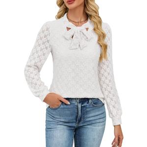 Blooming Jelly Womens Lace Long Sleeve Tops Tie Front Lined Dressy Blouse Fall Fashion Trendy Elegant Business Casual Outfit (Yellow, L)