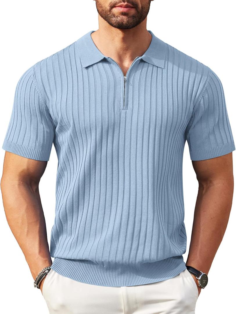 COOFANDY Men's Zipper Polo Shirts Short Sleeve Ribbed Knit Polo T Shirts Fashion Casual Golf Shirts (X-Large)