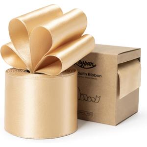 Keypan Champagne Gold Satin Ribbon Double-Faced Wired Ribbons for Gift Wrapping Flower Bouquet Bows Wedding Invitation Christmas Decor Crafts 2-1/2 Inch 10 Yards
