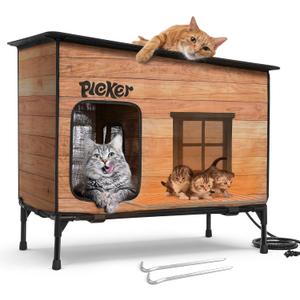 Heated Cat House for Outside: Apartment Design 31.5" Waterproof & Insulated Outdoor Cat House for Winter, Weatherproof Elevated Feral Cat Shelter with Heating Pad, Warm Houses for Outdoor Cats Stray