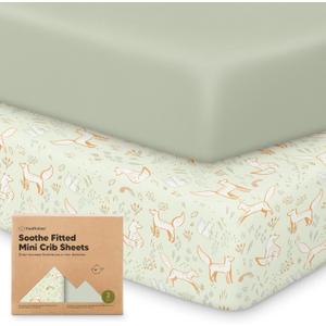 2-Pack Mini Crib Sheets Fitted - Pack N Play Sheets for Pack and Play Mattress, Organic Cotton, Soft & Breathable Jersey Playard Bedding, Neutral Mini Toddler Bed Cover for Boys, Girls (Foxtrot)