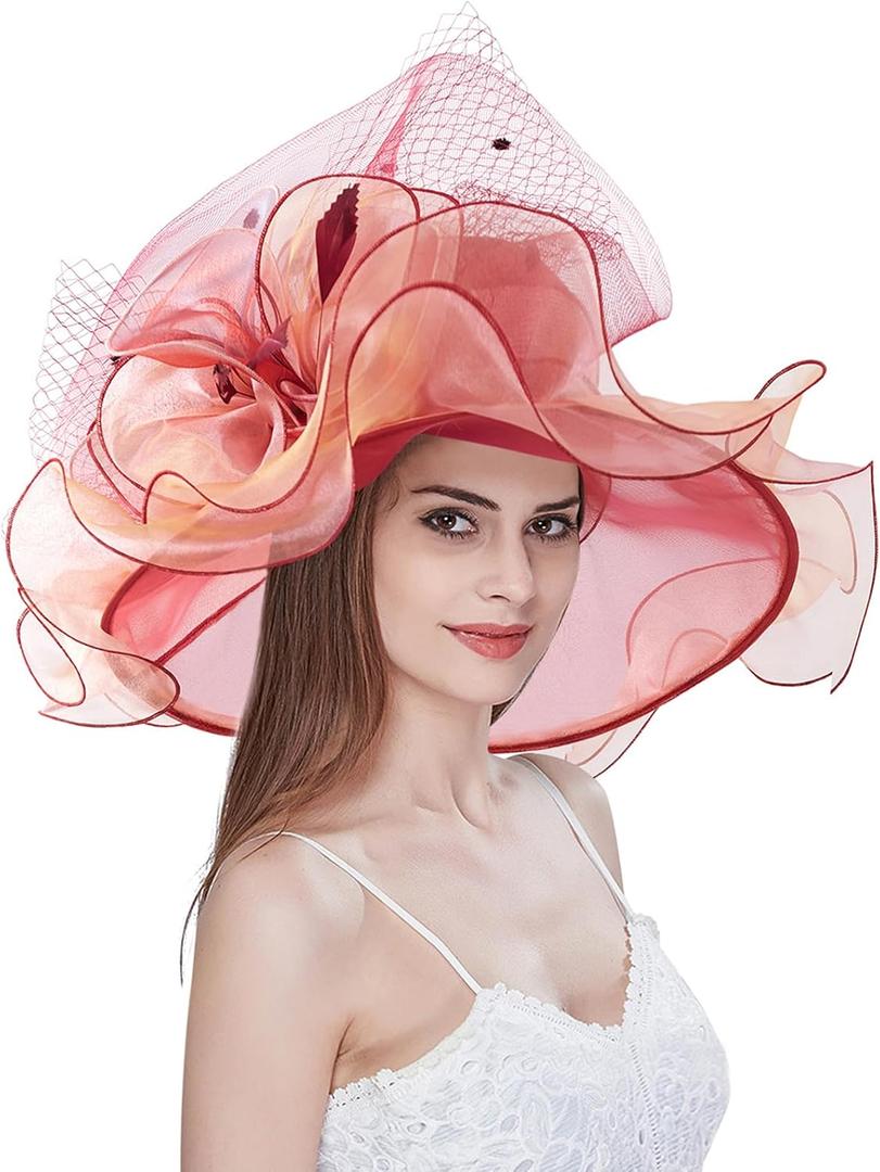 Z&X Women's Kentucky Derby Church Hat Organza Fascinator Wedding Tea Party Hat Wide Brim Sun Caps (02a- Coral Red)