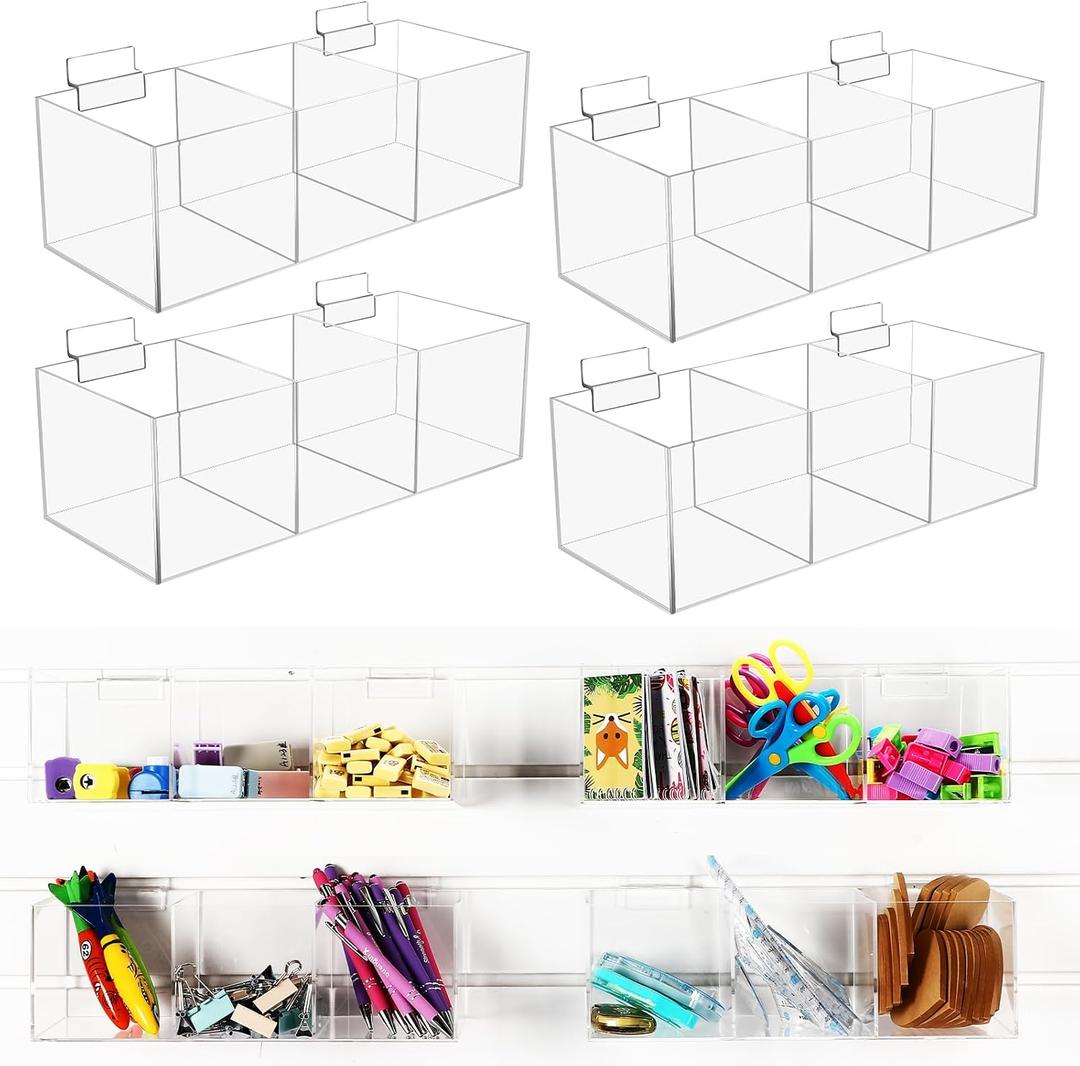 Suzile 4 Pack Clear Slatwall Acrylic Retail Tray 3 Compartment Dump Bin Acrylic Storage Caddy Product Storage Display Tray Slatwall Shelves Organizer for School Business Shop (12.25" W X 5" D X 4" H)