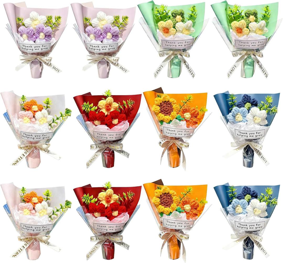 Wavwavw 12 Pcs Graduation Gifts for Teacher, Positive Handmade Mini Crochet Flower Bouquet Thank You for Helping Me Grow Teachers Gifts for Graduation End of Year Women Men (Fresh)