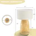 Boho Bamboo Table Lamp, Handwoven Bedside Lamp with Linen Shade, Small Natural Weave Nightstand Light for Living Room, Tea Room, Desk,Beige