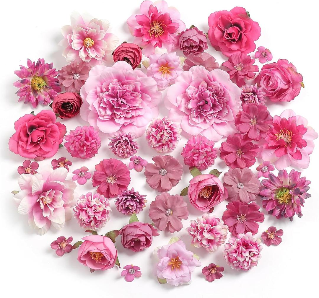Artificial Flowers Heads Combo Rose Red Flowers Mix Silk Flowers Heads Bulk for Craft Garland Graduation Cap Wedding Bridal Baby Shower Home Party Decoration DIY Cake Decor