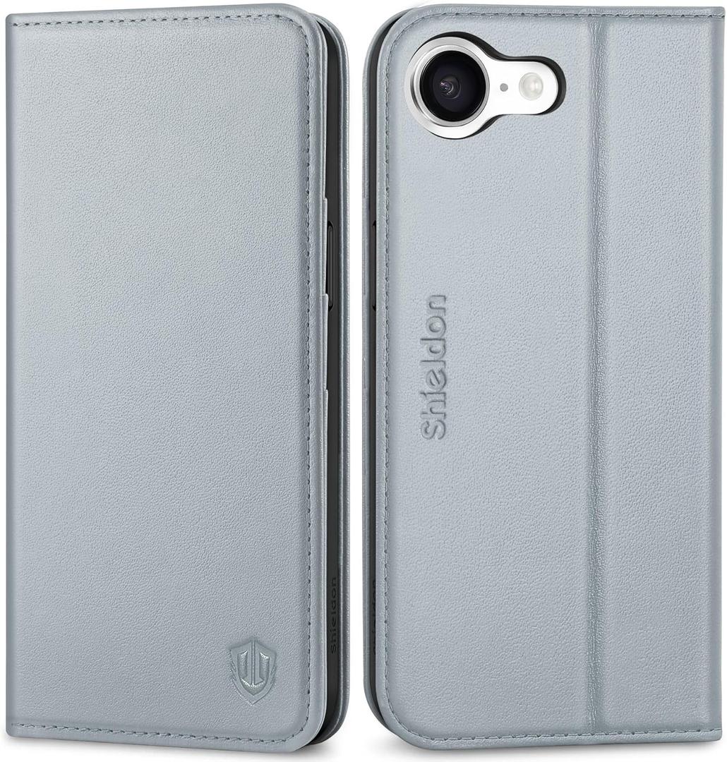 SHIELDON Wallet Case for iPhone 16e 2025, Genuine Leather Folio Case with Kickstand, RFID Blocking Card Holder, Magnetic Shockproof Phone Cover, Compatible with iPhone 16e 5G 6.1" - Gray