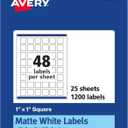 Avery Matte White Square Labels, Sure Feed Technology, 1" x 1", 1,200 Matte White Printable Labels