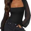 PINKMSTYLE Women's Square Neck Double Lined Mesh Long Sleeve Bodysuits Slim fit Trendy Going Out Tops Shirts S