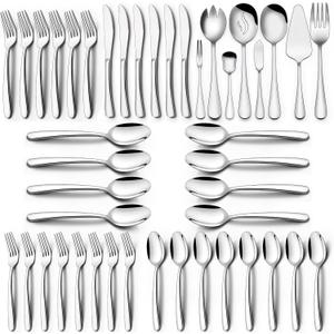 68-Piece Silverware Set with Serving Utensils, EWFEN Heavy Duty Stainless Steel Flatware Set for 12, Food-Grade Tableware Cutlery Include Knife/Fork/Spoon for Home, Mirror Finished, Dishwasher Safe