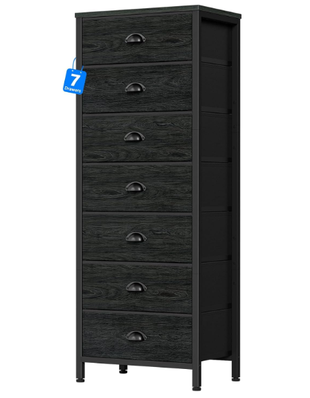 Furnulem Bedroom Dresser, Tall Chests of Drawers with 7 Fabric Bins, Black Organizer in Closet, Dorm, Living Room, Nursery, HallywayStorage Tower Unit, Sturdy Steel Frame, Missing Pieces