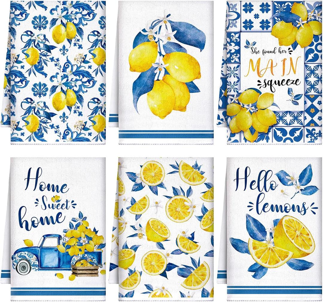 Sratte 6 Pcs Summer Lemon Kitchen Towels 24 x 16 Inch Italian Capri Tiles Lemon Dish Towels Absorbent Blue Yellow Hand Bathroom Towel Mediterranean Tea Towel for Kitchen Bath Amalfi Coast Party Decor