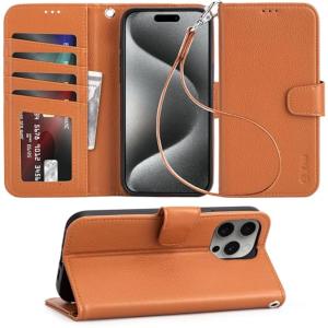 Arae Compatible with iPhone 15 Pro Max Case with Card Holder and Wrist Strap Wallet Flip Cover for iPhone 15 Pro Max 6.7 inch , Light Brown