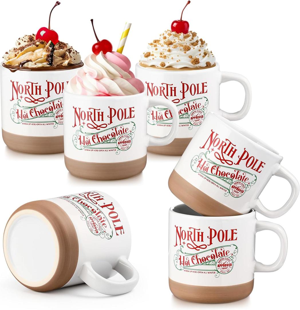 Yaomiao 6 Pcs Christmas North Pole Hot Chocolate Mug Hot Cocoa Coffee Mugs Christmas Santa Xmas Ceramic Cups with Handle Gift Mug for Women Men Employee Coworker