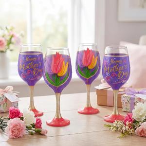 SiliFine 4 Pcs Tulip Party Stemmed Wine Glasses Hand Painted Tulip Flower Drinking Cup Wine Glasses Gifts for Mom Grandmother Mother in Law Birthday Holiday Party Supplies, 23.5 x 10 x 10 cm/ 9.25 x 3.93 x 3.93 inches
