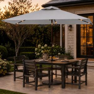 6.5 x 10ft Rectangular Patio Umbrella with Solar Lights, 16 LED Lighted Market Umbrella with Push-Button Tilt and Crank, 6 Sturdy Iron Ribs for Garden, Deck, Pool, Light Gray