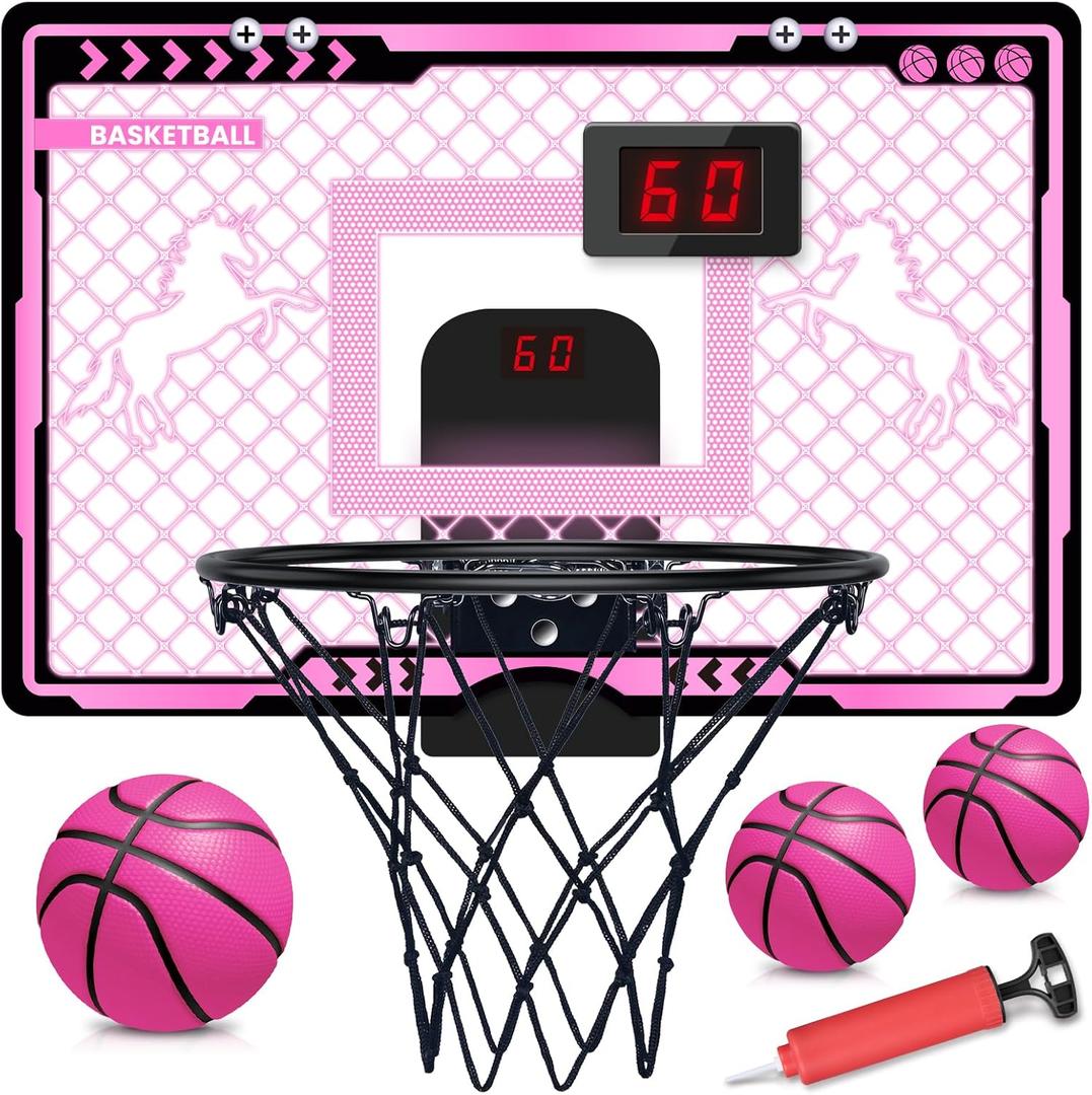 Indoor Basketball Hoop with Electronic Scoreboard and LED Light, Pink Over The Door Basketball Toy, for Kids Aged 4, 5, 6, 7, 8+Years Old