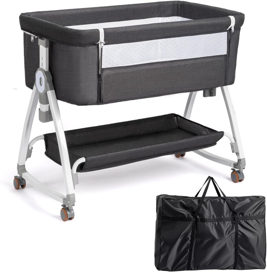 JOYMOR 3 in 1 Baby Bassinet, Bedside Bassinet for Baby, with Comfy Mattress and Wheels, 6 Height Adjustable Easy Folding Portable Bedside Crib for Newborn (Black)