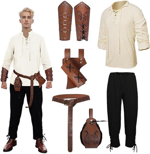 Men's Renaissance Costume Halloween Medieval Pirate Shirt Ankle Banded Pants Viking Belt Accessories, 7Pcs, L