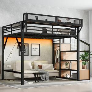 Metal Full Size Loft Bed with Stairs and Wardrobe, Heavy Duty Loft Bed Frame with LED Lights and Charging Station for for Kids, Teens, Adults, Natural Wood
