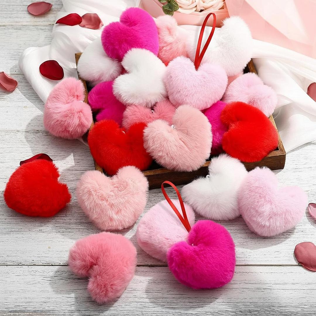 Seenelling 24 Pcs Furry Heart Ornaments for Tree Furry Heart Hanging Decorations DIY Fuzzy Fluffy Crafts Gift for Home Party Decor(Multi Color)