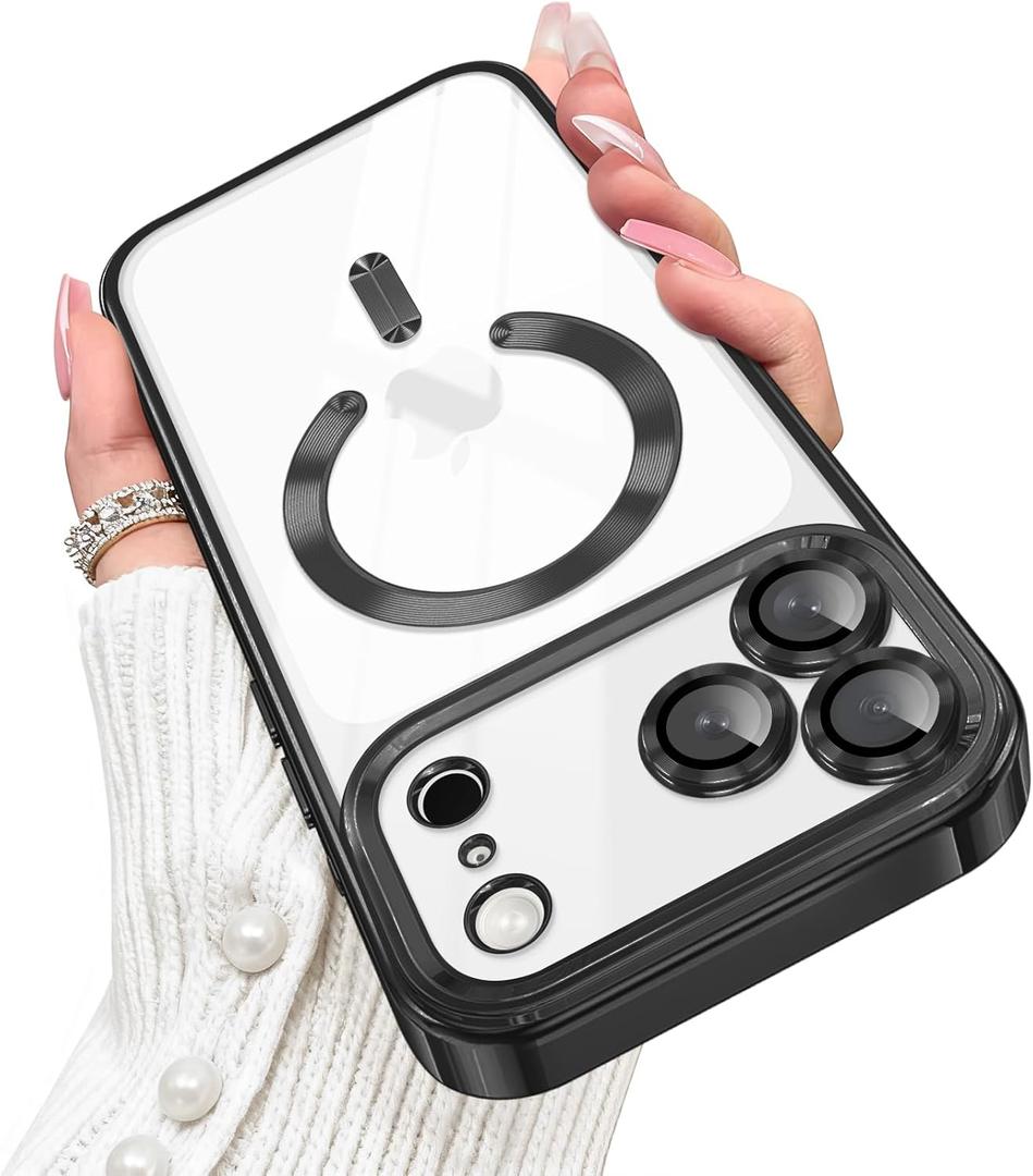 Designed for iPhone 17 Pro Case Magnetic, Compatible with Magsafe, Camera Control Button, Camera Lens Protector, Clear Soft TPU Plated Phone Case for iPhone 17 Pro, Black