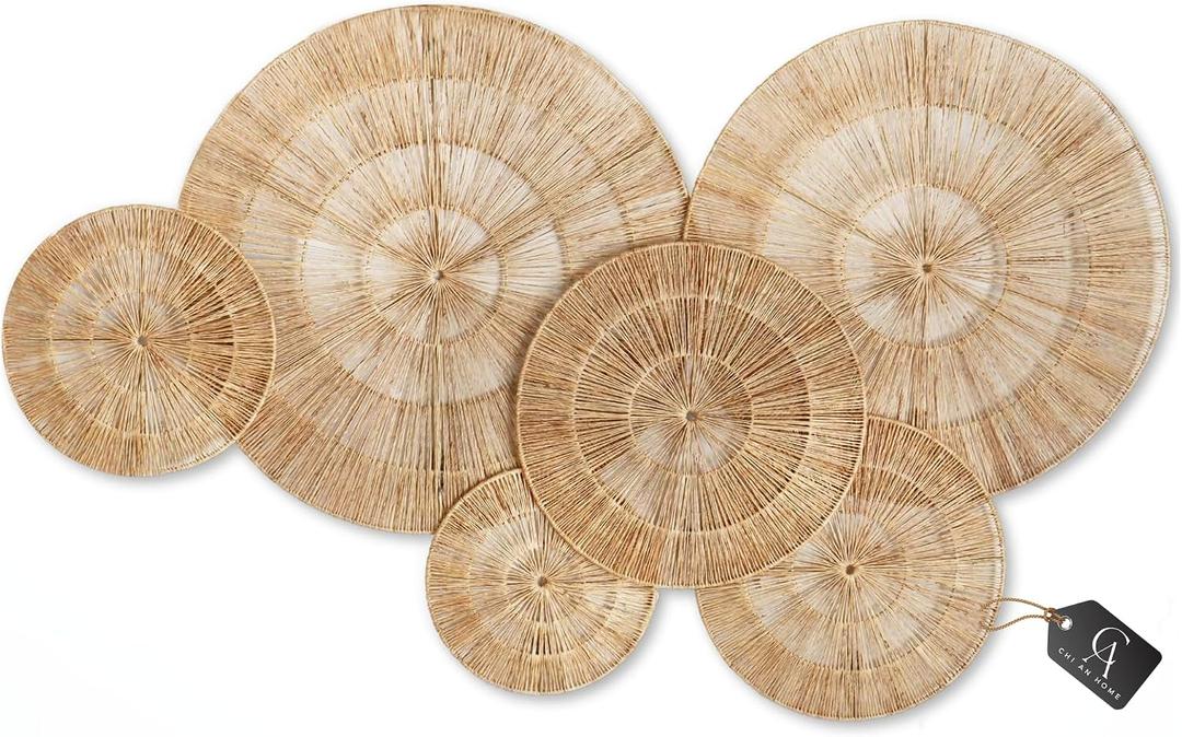 CHI AN HOME Wicker 23 Inch Jute Wall Decor Baskets, Set of 6 Extra Large Woven Jute Wall Plates, 23", 21", 15", 13", 12, 10", Decorative Baskets for Wall Arts, Wall Hanging for Bedroom, Living Room, Office
