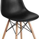 Flash Furniture Elon Series Plastic Modern Dining Chair with Wooden Legs, Mid-Century Side Chair for Dining Rooms and Offices, Black (Set of 1)