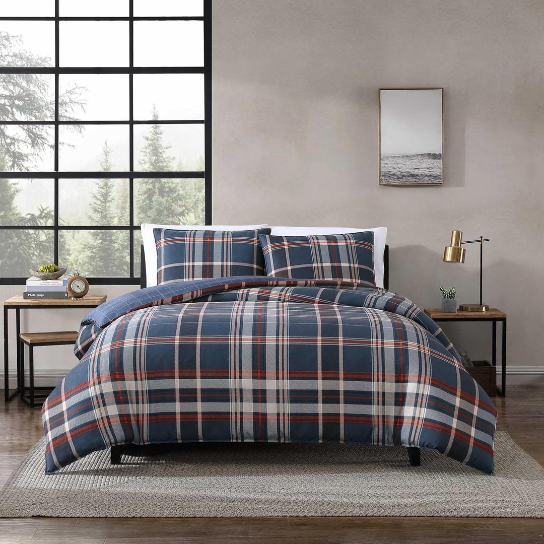 Eddie Bauer - Queen Duvet Cover, Reversible Bedding Set with Matching Shams, Bedding Set (Shasta Lake Navy, Queen)