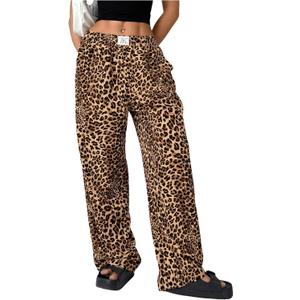 Women's Letter Leopard Print Straight Leg Pants Elastic Waist Y2K Trousers Bottoms with Pockets (Large, Khaki)