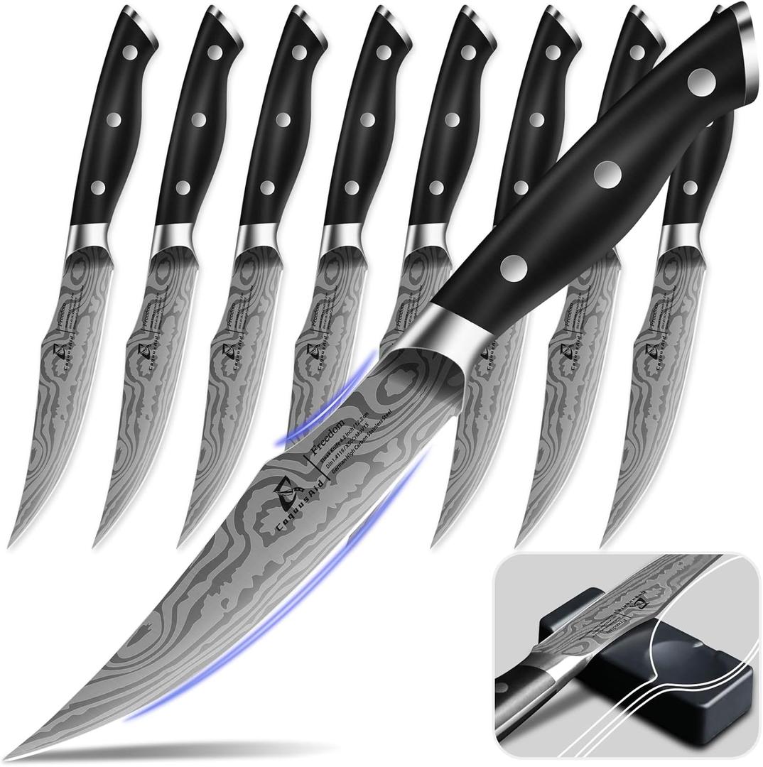 CoquusAid Steak Knives Set of 8, 4.8 Inch Straight Edge Ultra Sharp Durable Meat knives with Rest, High Carbon Stainless Steel Damascus Pattern Triple Rivet Handle, Ideal for Home Restaurant Party